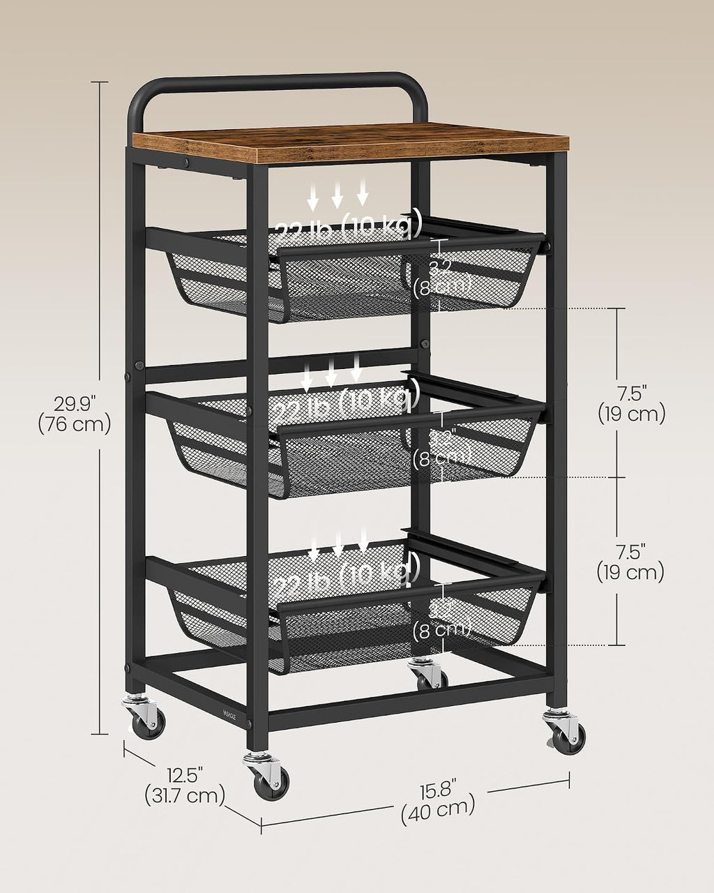 VASAGLE 4-Tier Storage Rolling Cart Organizer with Pull-Out Baskets | Utility Cart with Wheels, Handle, 12.5 x 15.8 x 29.9 Inches, Rustic Brown and Matte Black, DACEY Collection ULRC040K01