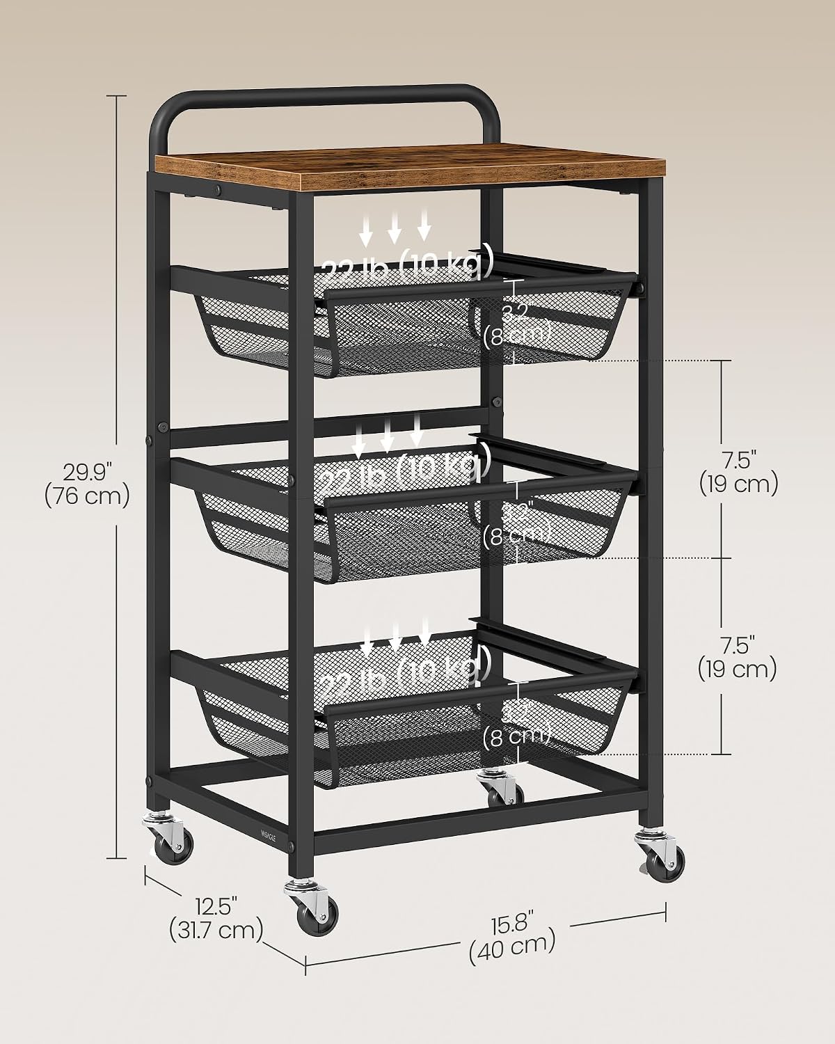 VASAGLE 4-Tier Storage Rolling Cart Organizer with Pull-Out Baskets | Utility Cart with Wheels, Handle, 12.5 x 15.8 x 29.9 Inches, Rustic Brown and Matte Black, DACEY Collection ULRC040K01