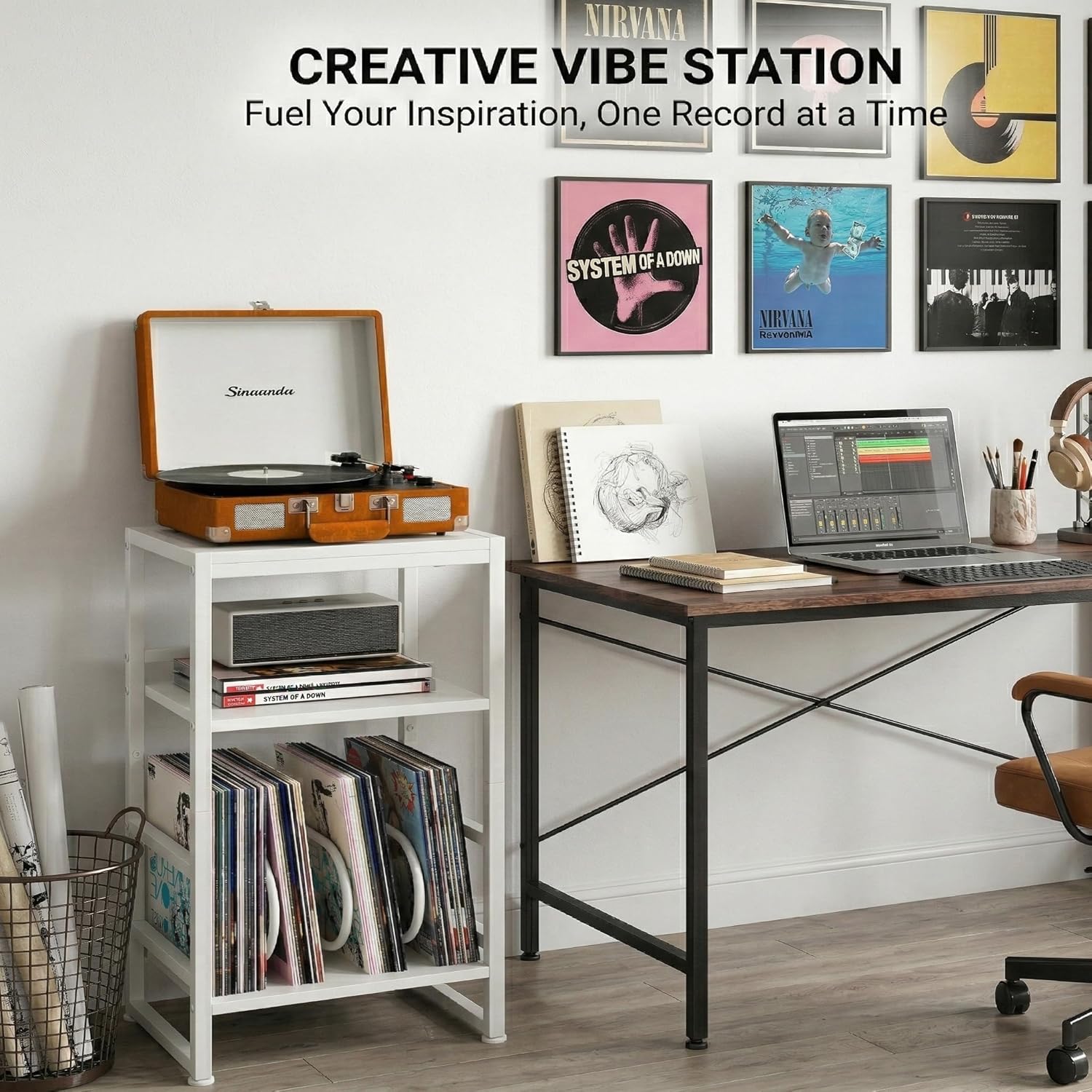 Record Player Stand,3-Tier Record Player Table with U-Shaped Vinyl Storage Up to 120 Albums,28" H End Table Turntable Stand with Storage,Record Table Vinyl for Living Room Bedroom
