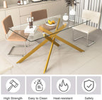 61" Glass Dining Table for 6, Modern Kitchen Dining Room Table with Rectangular Tempered Glass Top and X Metal Legs, Large Gold Glass Dinner Table for Kitchen
