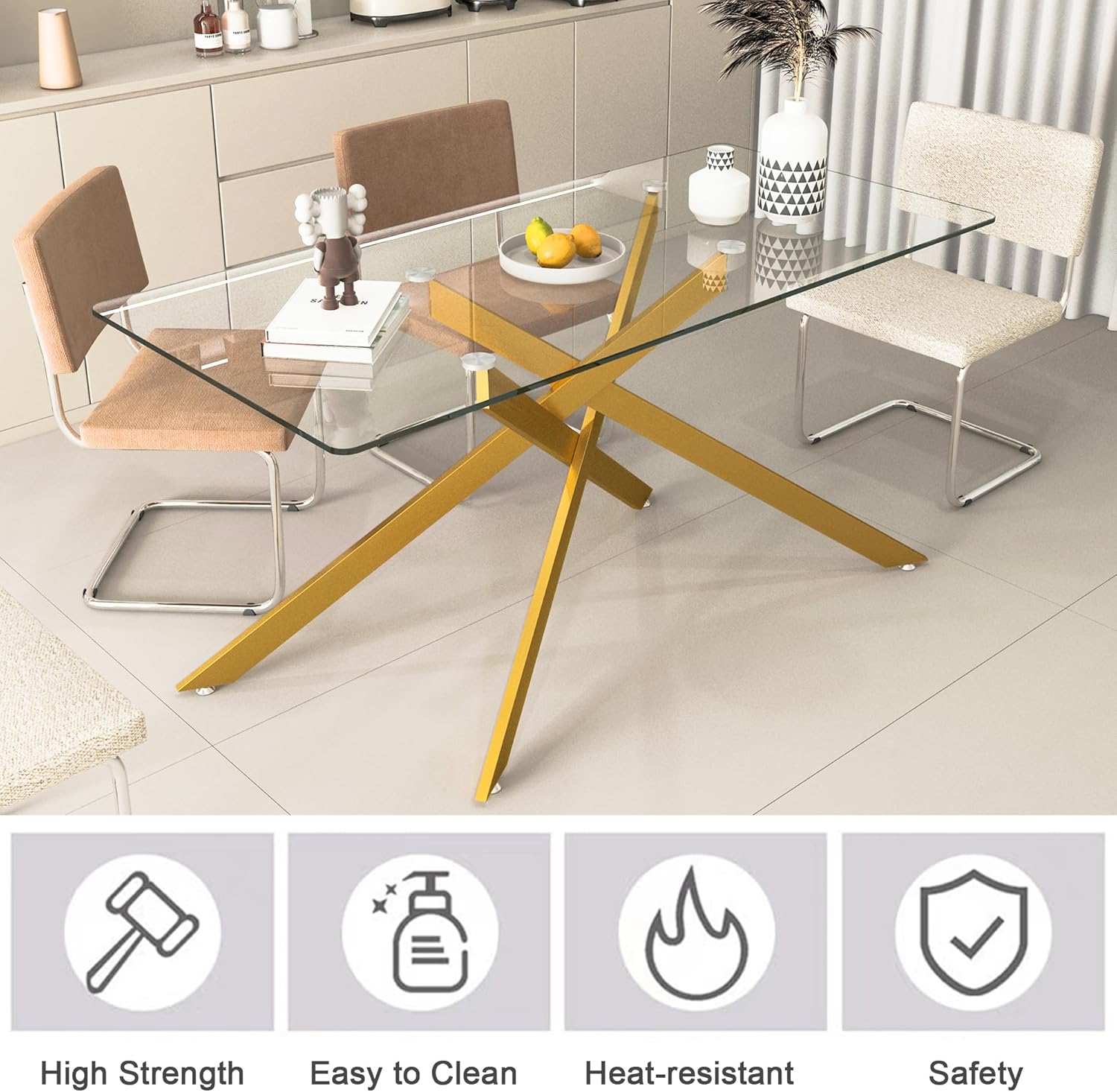 61" Glass Dining Table for 6, Modern Kitchen Dining Room Table with Rectangular Tempered Glass Top and X Metal Legs, Large Gold Glass Dinner Table for Kitchen