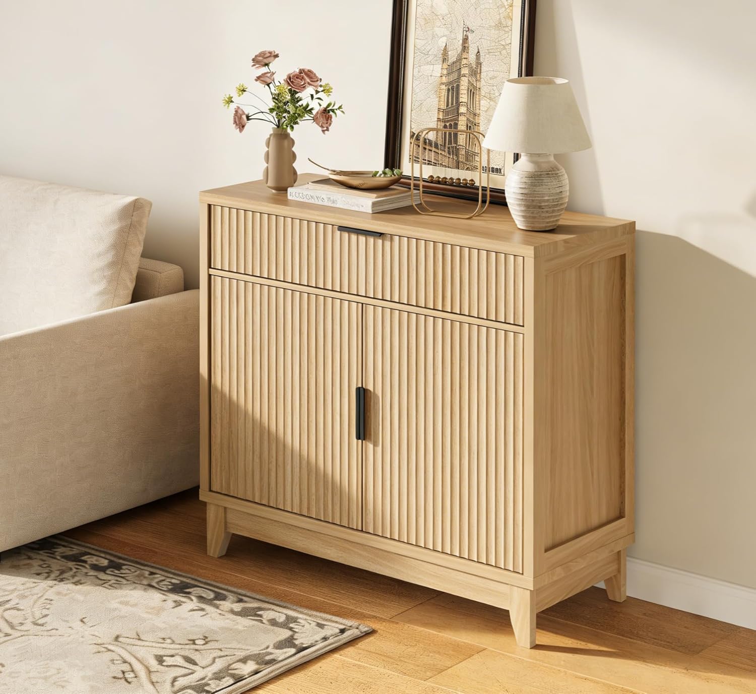 Vabches Fluted Sideboard Buffet Cabinet with Storage, 32" Coffee Bar Console Table with Drawer, Fluted Doors & Adjustable Shelf, Wood Small Buffet Cabinet for Living Room, Kitchen Dining Room, Oak