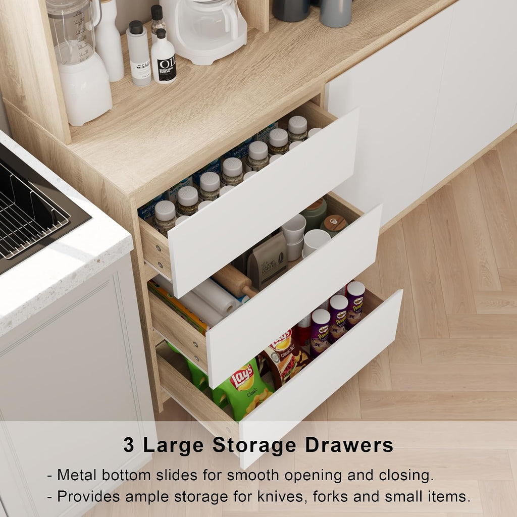 Mekminop Extra Large Kitchen Pantry with Microwave Shelf, Kitchen Hutch Storage Cabinet with Countertop, Freestanding Countertop Cabinet with 3 Drawers and 3 Open Shelves, White + Walnut