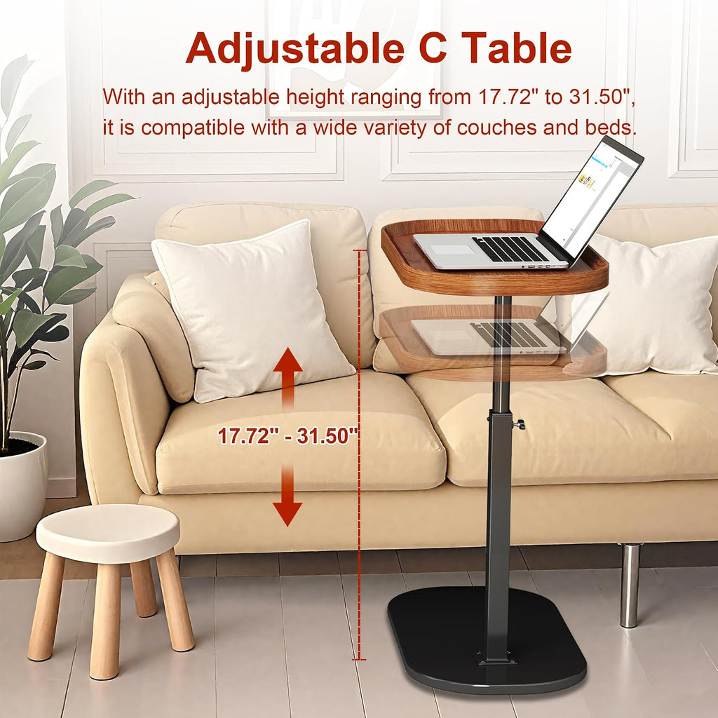 C Shaped Side Table Adjustable Height, 360° Swivel Couch End Table That Slide Under, Small C Shaped End Table for Sofa/Bed/Bathtub, Coffee TV Dinner Tray for Living Room, Bedroom, Bedside (Walnut)