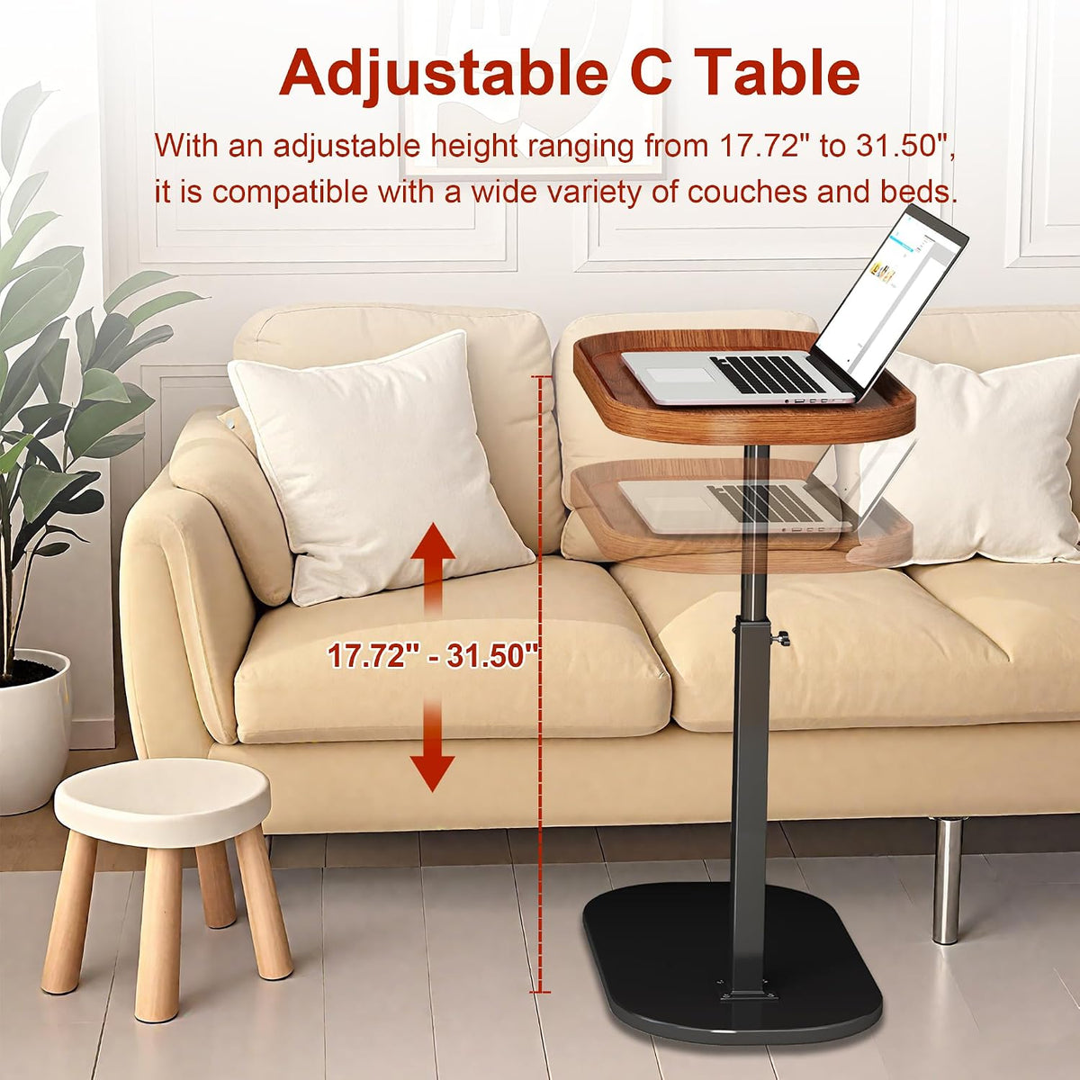 C Shaped Side Table Adjustable Height, 360° Swivel Couch End Table That Slide Under, Small C Shaped End Table for Sofa/Bed/Bathtub, Coffee TV Dinner Tray for Living Room, Bedroom, Bedside (Walnut)