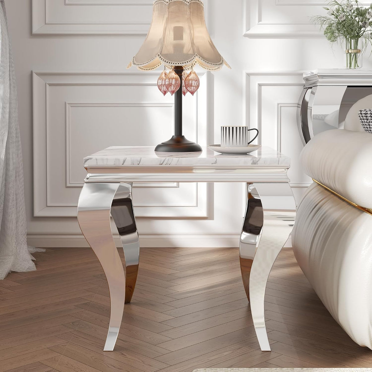 Square Faux Marble End Table, Modern Elegant Side Table with Stainless Steel Legs and Silver Mirrored Finish, Luxury End Table for Living Room, Bedroom, Office