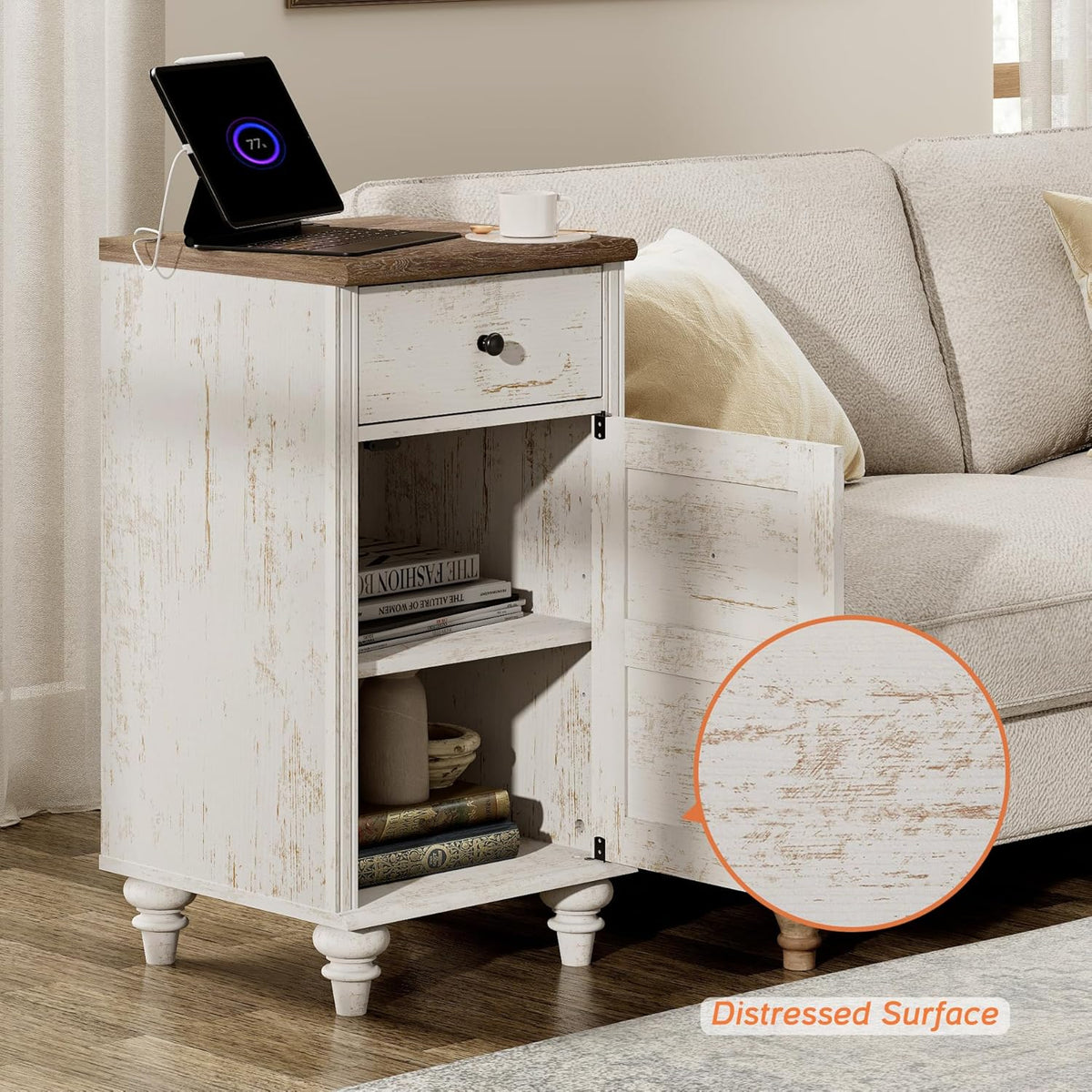 WAMPAT Set of 2 End Table with Charging Station, Wood Nightstands with Drawer and Storage Cabinet, Modern Side Tables Living Room, Farmhouse Night Stands Bedside Table for Bedroom, Rustic White