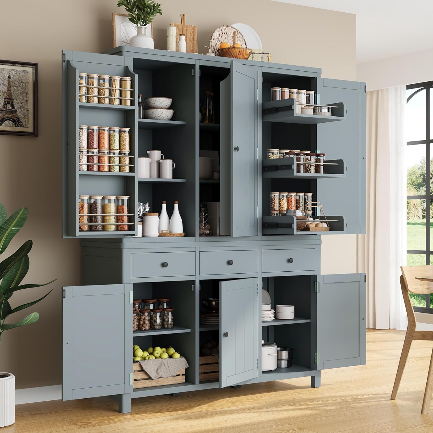 Harper & Bright Designs Kitchen Pantry Storage Cabinet with Door Shelves, Adjustable Shelves, Pull-Out Trays and Drawers, Freestanding Cupboard for Kitchen, Dining Room, Living Room,Grey