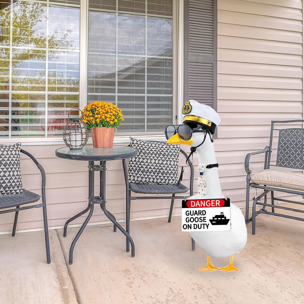 CAMDUCK 4 Pcs Porch Goose Accessories Porch Goose Sign Goose Navy Hat Eyeglasses Necktie Wooden Gooses Warning Sign Danger Guard Goose on Duty Warning Sign Goose Outfits Decor for Yard Porch Lawn