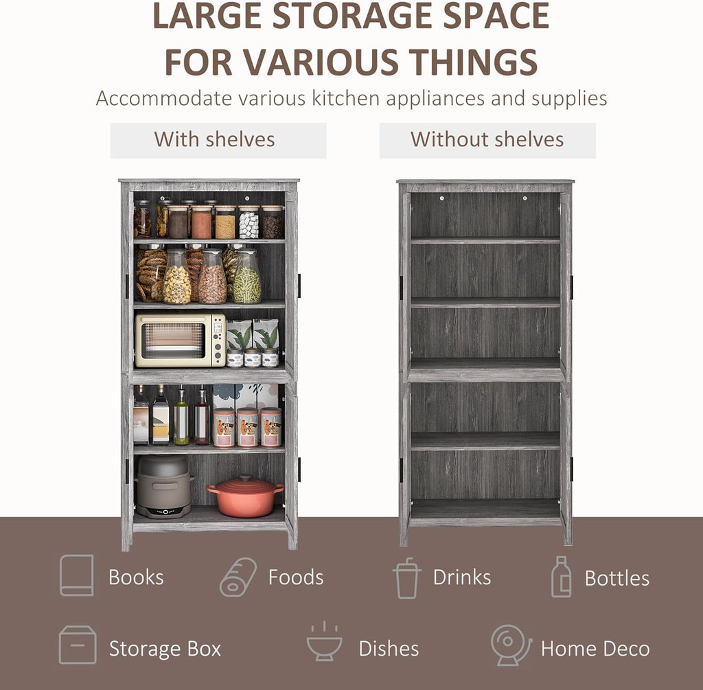 HOMCOM 64" Kitchen Pantry Cabinet, Freestanding Storage Cabinet with 4 Doors and 3 Adjustable Shelves for Dining Room, Gray Oak