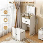 3-in-1 Vanity with Mirror and Lights, Modern Compact Vanity Table with 3 Storage Drawer, Small Makeup Vanity Desk, Dressing Table with Cushioned Stool for Bedroom, Cloakroom (Flip vanity White)