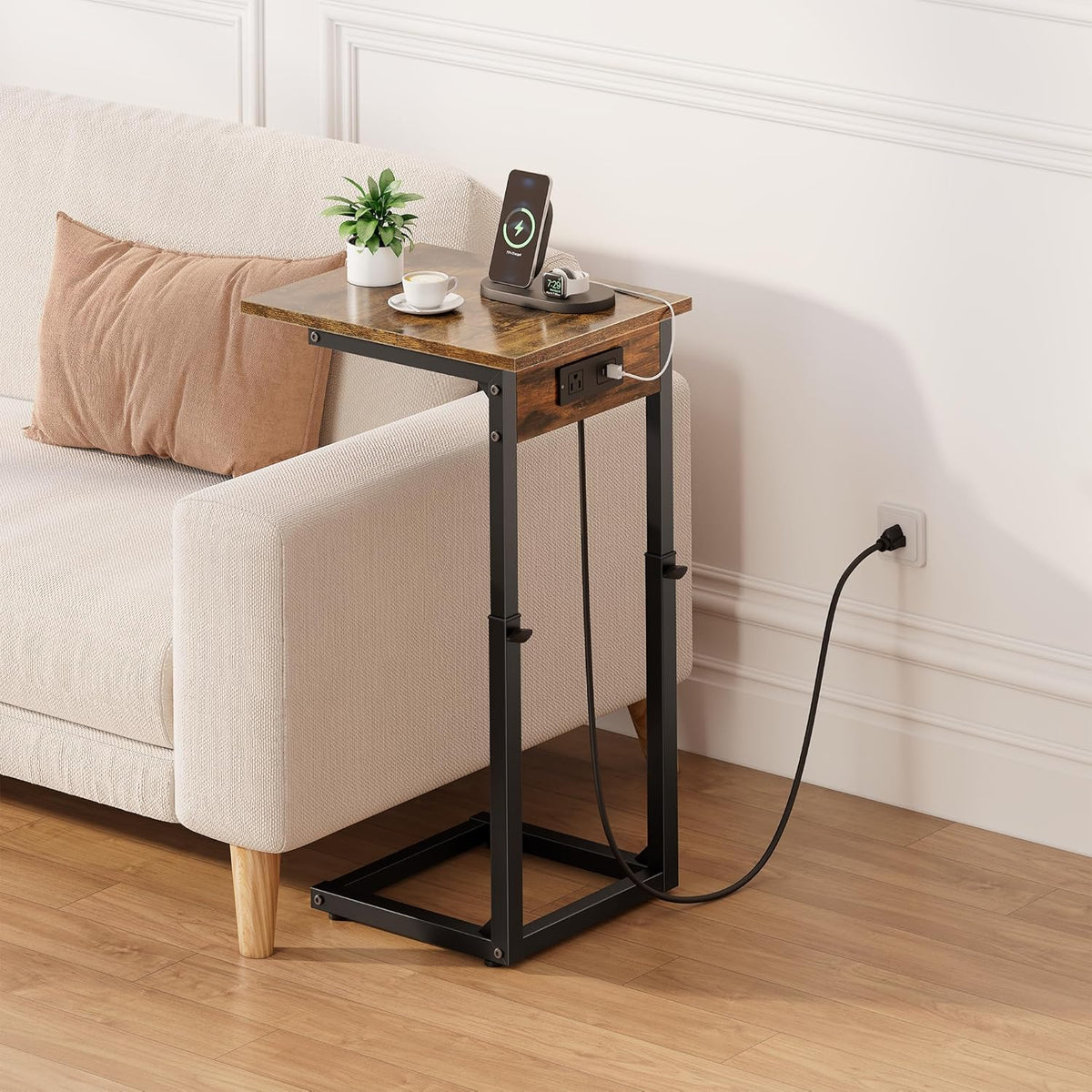 Vagusicc C Shaped End Table with Charging Station, 33"Tall Side Table for Couch, C-Table End Table Adjustable Height Side Table,Slide Under Couch Table TV Tray Table for Sofa,Living Room,Bedroom,Brown