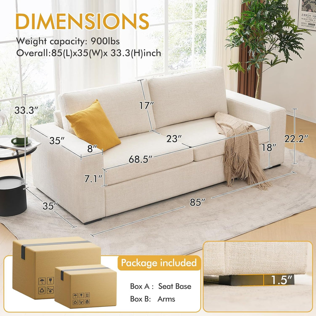 ELUCHANG Oversized 85'' Couches for Living Room, Modern 3-Seater Cloud Couch with Removable Cover, Wide Armrest, Thick Spring Cushions, Comfy Deep Sofa for Apartment, Office, Small Space, Linen Beige