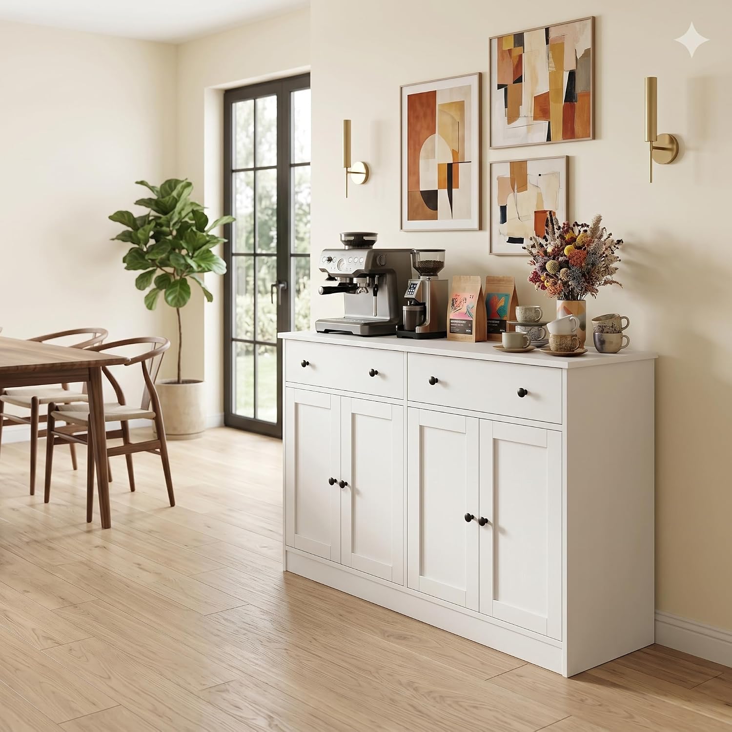 holzart 49" White Buffet Cabinet with Doors & Drawers, Modern Kitchen Storage Sideboard, Coffee Bar Console Table for Dining Room, Living Room, Entryway