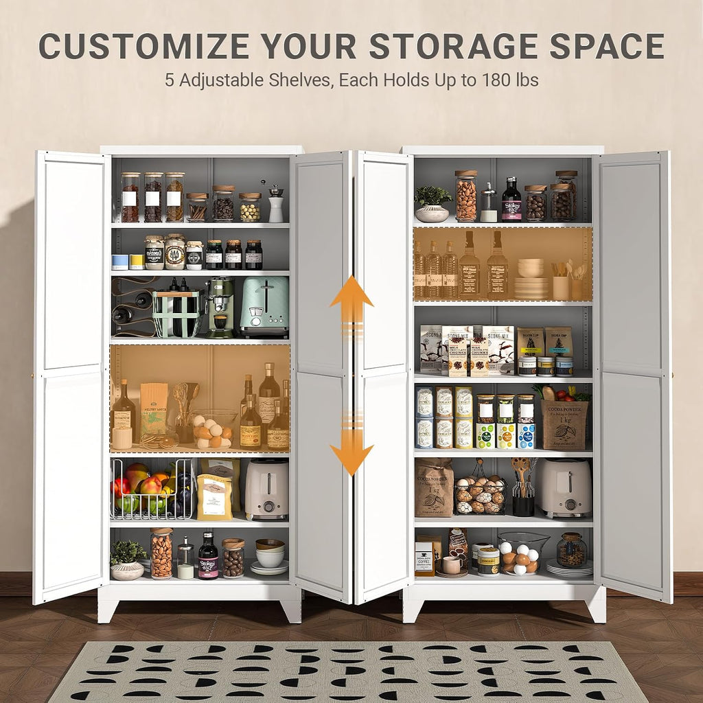 71" Metal Kitchen Pantry Cabinet with Dual Opening Design, Tall Storage Cabinet with Large Capacity, Freestanding Cupboard,Ideal for Small Space Organization, White