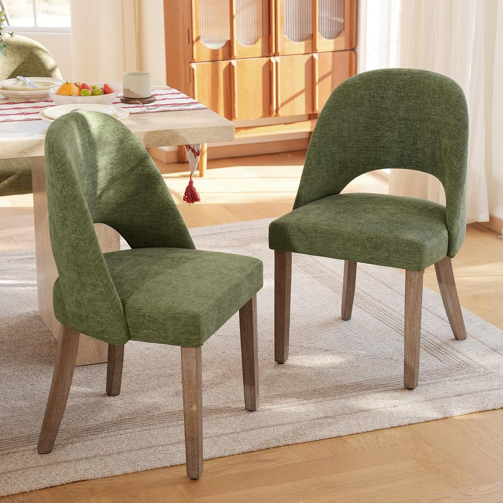 Wooden Dining Chairs Set of 2, Upholstered Modern Chenille Dining Room Chair Kitchen Chairs, Comfy Farmhouse Dinner Chair for Kitchen Dining Room, Green