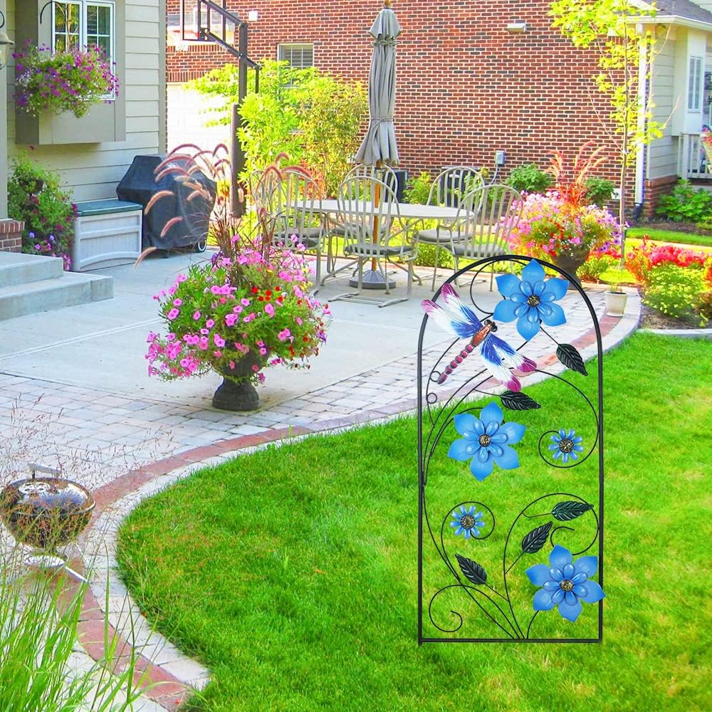 Garden Decor for Outside, YEAHOME 34 Inch Decorative Garden Stakes with Flowers Dragonflies, Metal Spring Yard Decorations for Outdoor Patio Lawn Backyard Blue