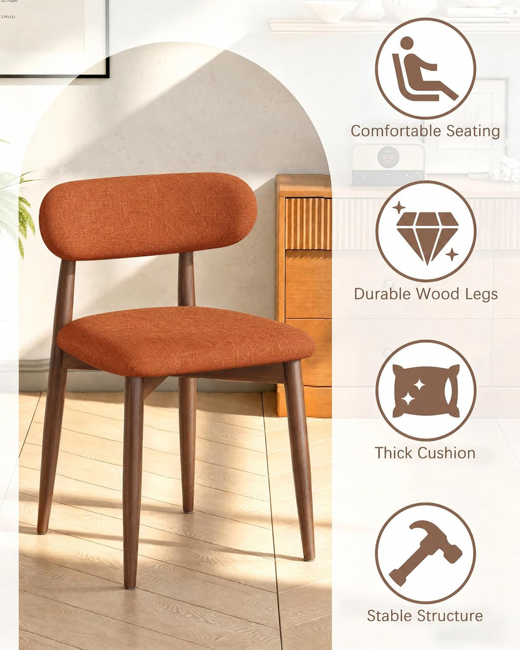 Wooden Dining Chairs Set of 4, Mid Century Modern Upholstered Kitchen Chairs with Solid Wood Legs, 350lb Heavy Duty Padded Side Chairs for Dining Room & Vanity, Orange