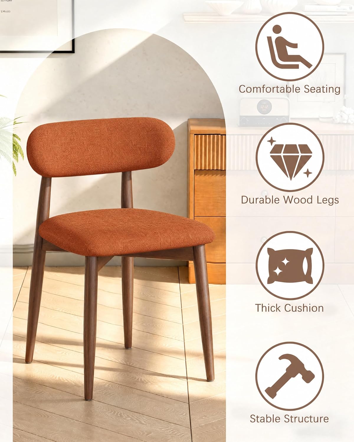 Wooden Dining Chairs Set of 4, Mid Century Modern Upholstered Kitchen Chairs with Solid Wood Legs, 350lb Heavy Duty Padded Side Chairs for Dining Room & Vanity, Orange