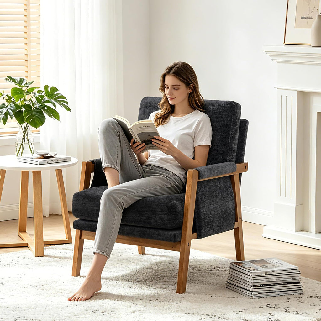RNKSFX Black Accent Chair for Bedroom & Living Room, Mid Century Modern Accent Arm Chair, Upholstered Anthropologie Accent Chair with Solid Wood Frame, Fabric