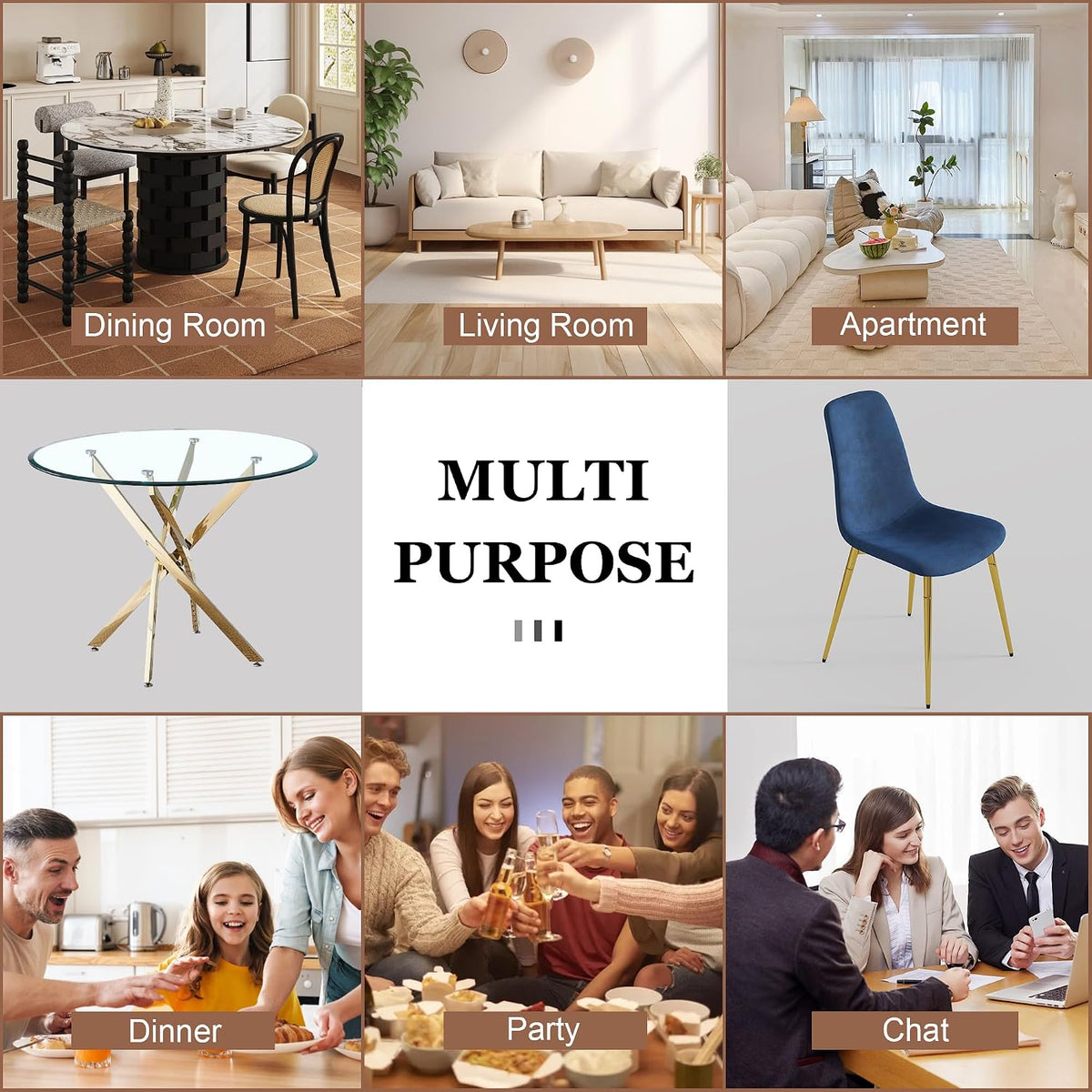 5-Piece Glass Dining Table Set, Modern Round Gold Dining Room Set with Tempered Glass Kitchen Table and 4 Blue Upholstered Chair for Apartment, Living Room
