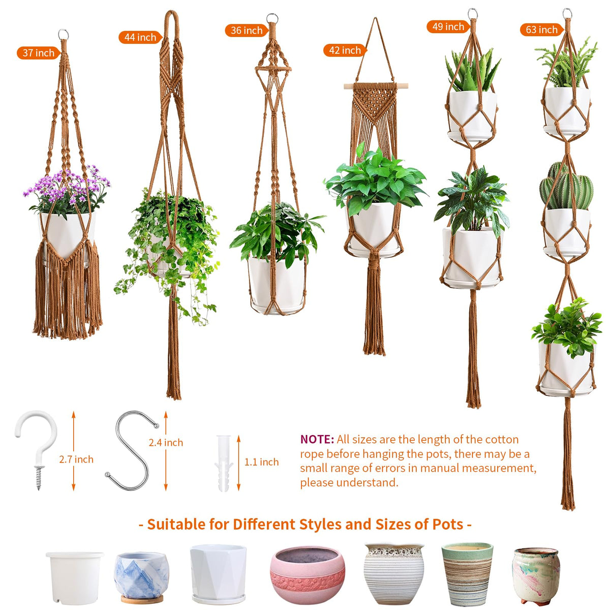 SFENNGPET Macrame Plant Hangers, 6Pack Hanging Planters for Indoor Plants