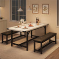 Garvee 63 in Extendable Dining Table Set for 4-6 People, 3-Piece Kitchen Table Set with 2 Upholstered Benches, Farmhouse Dining Room Table Set for Kitchen, Living Room, Apartment, Marble White