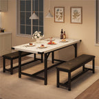 Garvee 63 in Extendable Dining Table Set for 4-6 People, 3-Piece Kitchen Table Set with 2 Upholstered Benches, Farmhouse Dining Room Table Set for Kitchen, Living Room, Apartment, Marble White