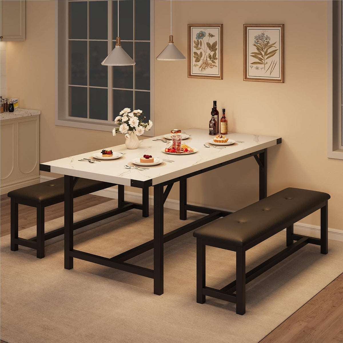 Garvee 63 in Extendable Dining Table Set for 4-6 People, 3-Piece Kitchen Table Set with 2 Upholstered Benches, Farmhouse Dining Room Table Set for Kitchen, Living Room, Apartment, Marble White