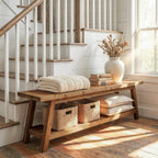 Solid Wood Entryway Bench with Shoe Storage Shelf, 62.99" Long Rustic Hallway Shoe Bench, Natural Wood Mudroom Window Seating, 400 lbs Capacity