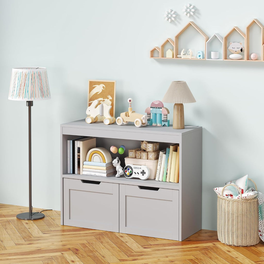 Kids Furniture Set for Bedroom Toddler Table and Chair Desk Toy Box | Durable MDF storage with 2 drawers and open shelves. Safe rounded edges, anti-tip device, and hidden wheels. Perfect for