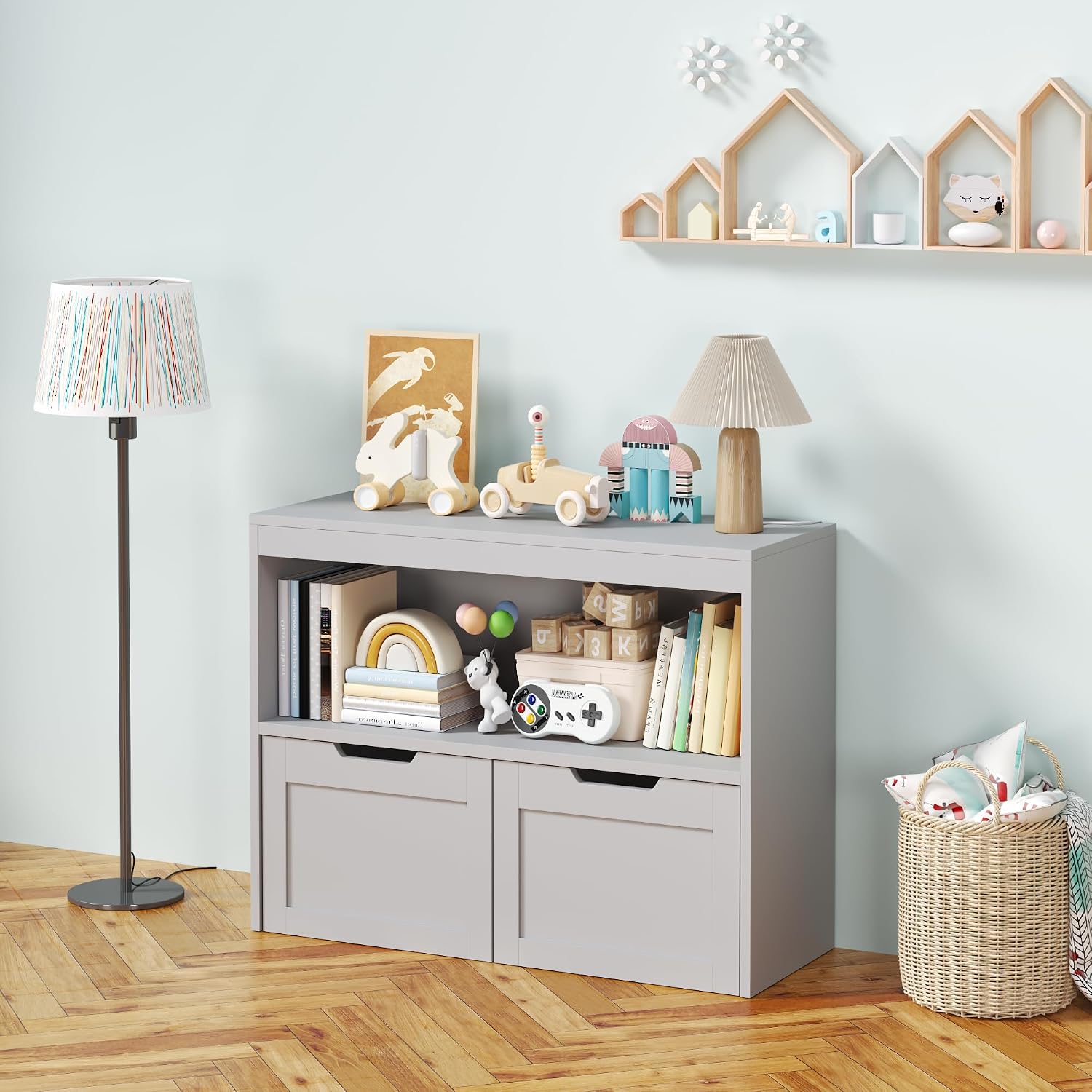 Kids Furniture Set for Bedroom Toddler Table and Chair Desk Toy Box | Durable MDF storage with 2 drawers and open shelves. Safe rounded edges, anti-tip device, and hidden wheels. Perfect for