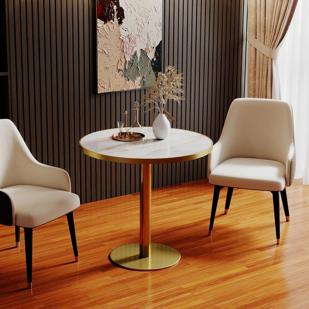 31.5" Round Tulip Table with 1.2" Thick Gold Vein Onyx Sintered Stone Top (Marble Look) & Brushed Gold Frame, Modern Luxury Dining Table for 2-4 People for Kitchen Nook, Café & Patio