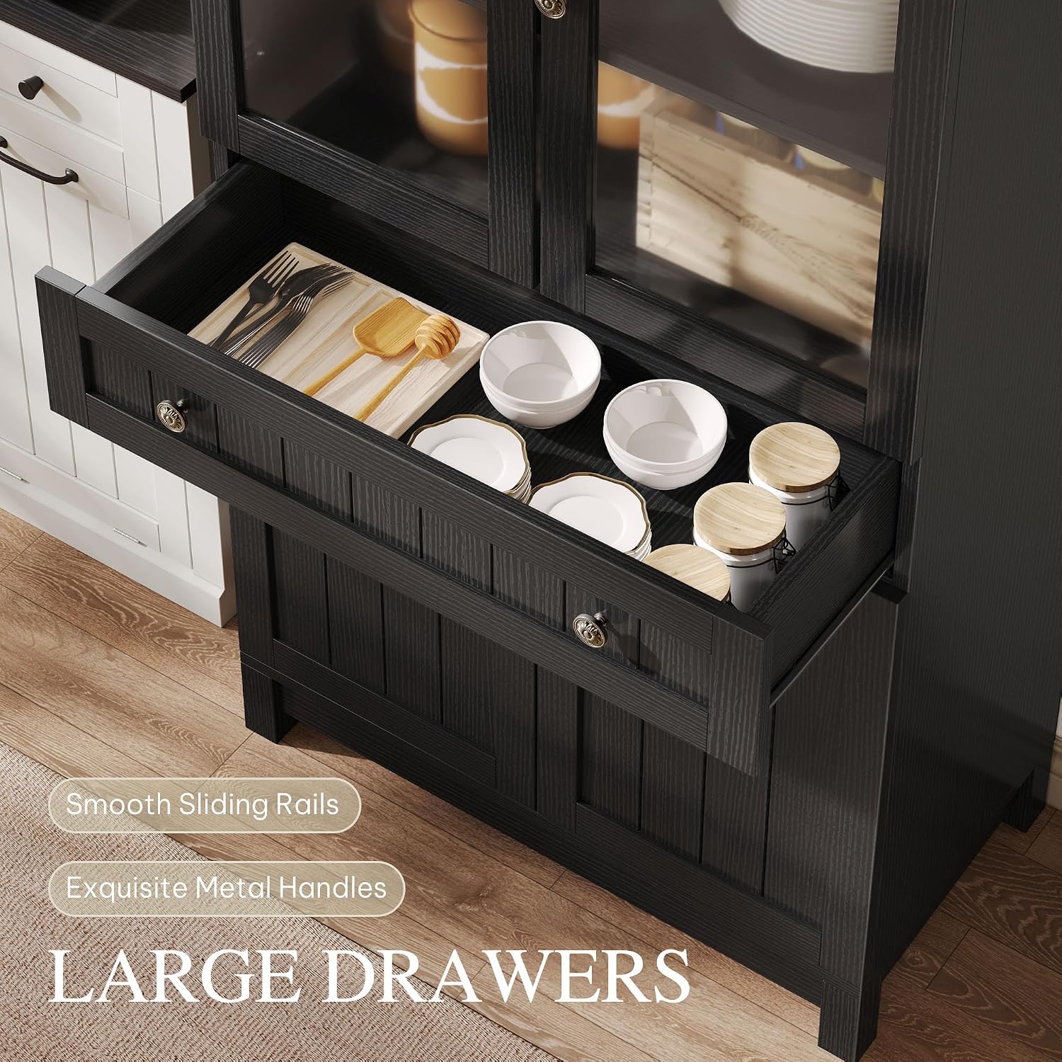 YITAHOME 71" Arched Pantry Cabinet with Glass Door, Shelves & Drawer, Black | Farmhouse Wood Cupboard with Adjustable Shelves for Living Room and Dining Room