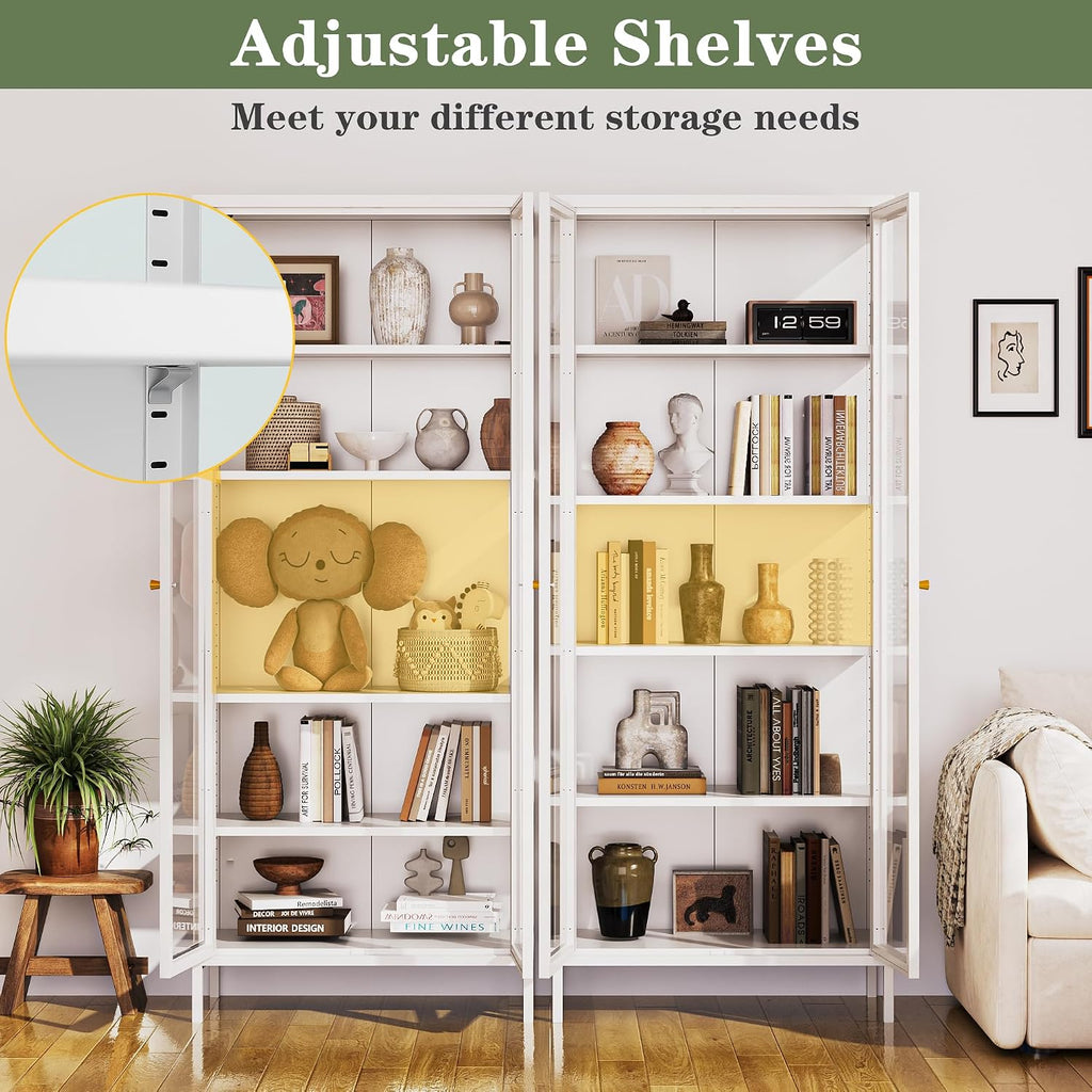 Lucky Monet 5-Tier Display Cabinet with 12 Color Lights & Glass Doors, 67" Lighted Curio Cabinet with Adjustable Shelves, Glass Metal Display Case for Collectibles Figures China (White)