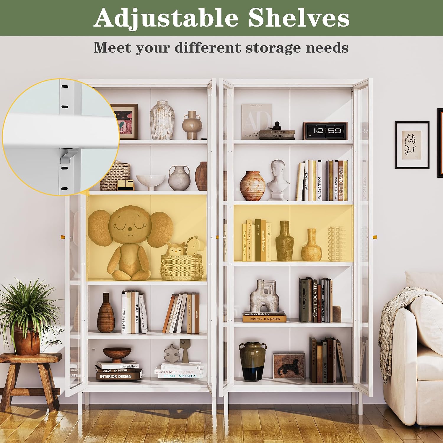 Lucky Monet 5-Tier Display Cabinet with 12 Color Lights & Glass Doors, 67" Lighted Curio Cabinet with Adjustable Shelves, Glass Metal Display Case for Collectibles Figures China (White)