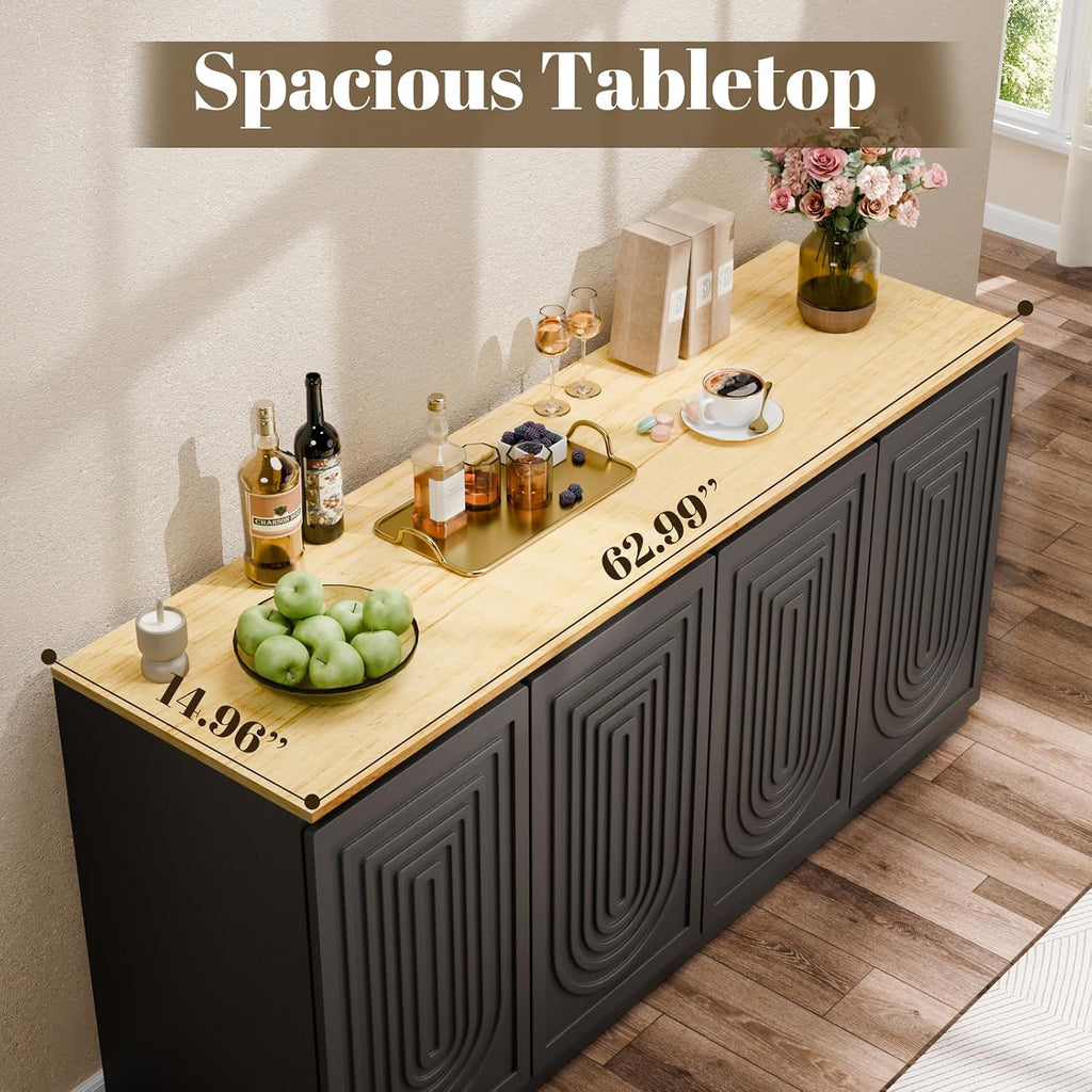 63" Fluted Sideboard Buffet Cabinet with Storage,Large Modern Accent credenza storage cabinet with Doors & Adjustable Shelves,Wood Coffee Bar Table Console for Dining Room Kitchen Living Room Entryway
