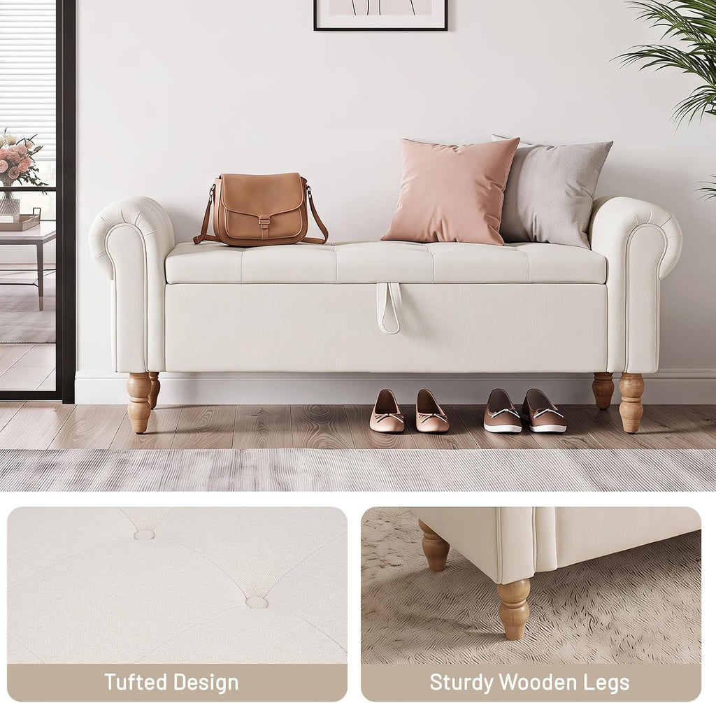 Furniliving 55” End of Bed Bench, Bedroom Bench with Button-Tufted, Large Upholstered Storage Ottoman Entryway Bench with Storage Shoe Cabinet Bench, for Bedroom, Linen, Beige