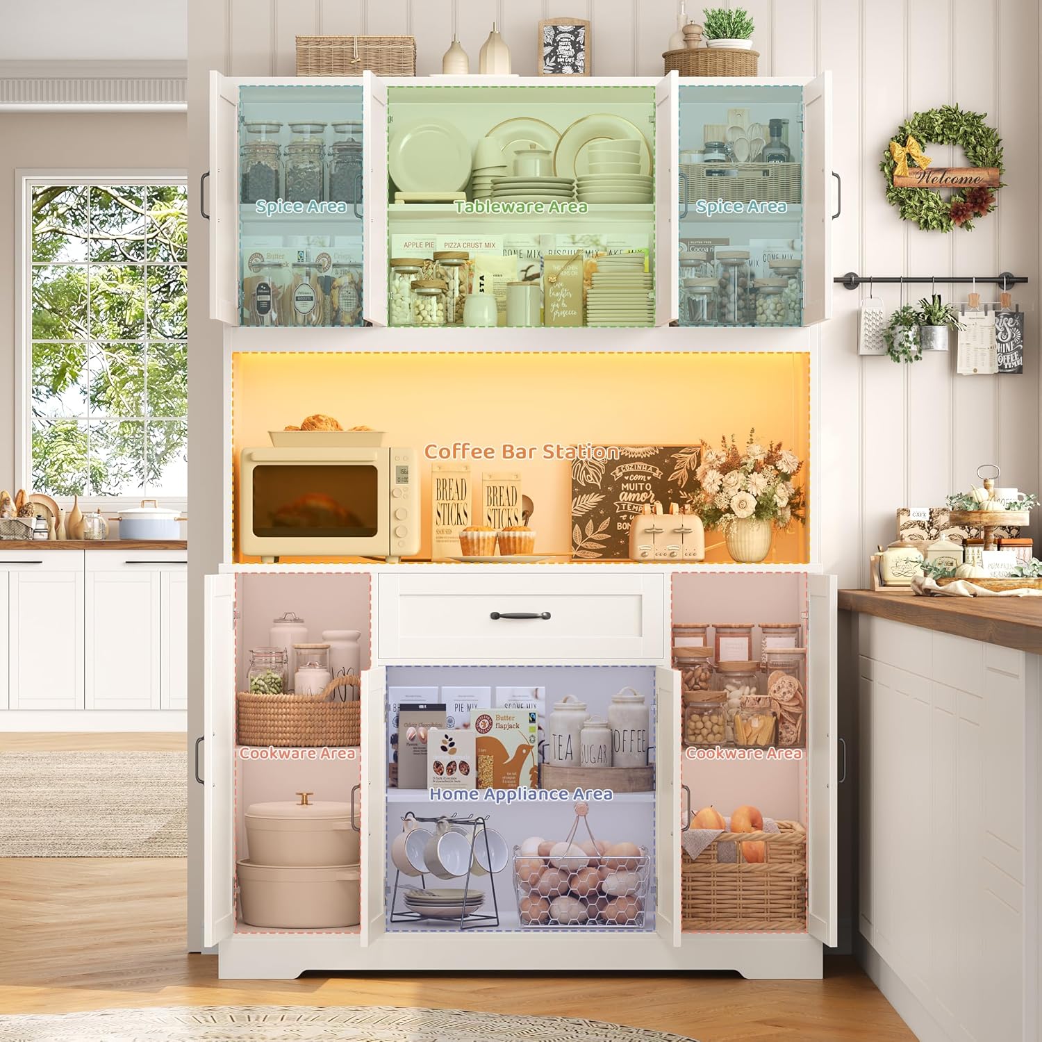 HITHOS 70" LED Kitchen Pantry Cabinet with Charging Station, 47" Wide Pantry Storage Cabinet with Large Microwave Stand, Modern Kitchen Hutch with Drawers and Cabinets for Dining Room, White