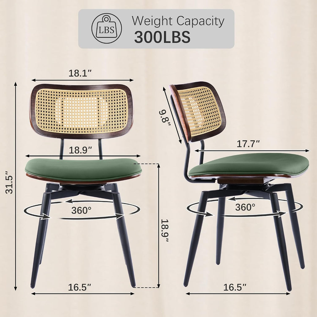 Dining Chairs, Set of 4, Modern, Green, Rattan & Faux Leather, Swivel with 360 Rotation, Ergonomic & Adjustable Height