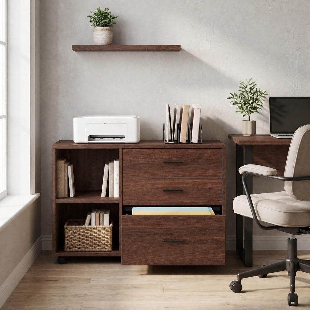 Tribesigns 39 in. Wooden Filing Cabinet with Open Storage Shelves and 3 Drawers,Rolling File Cabinet with Adjustable Hanging Rail,Printer Stand for Home Office (Walnut)
