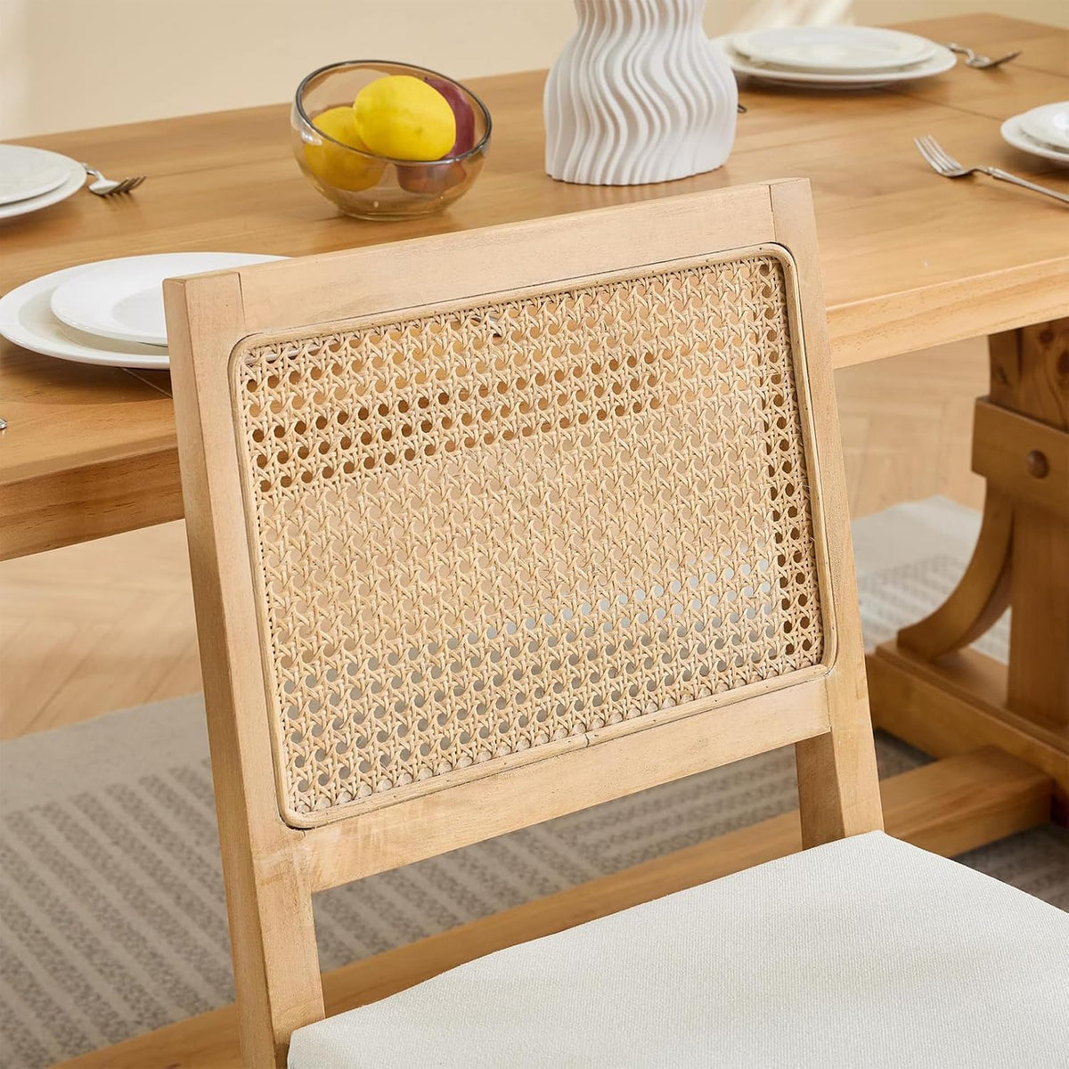 French Dining Chairs Set of 4,Farmhouse Upholstered Linen Chairs with Rattan Square Backrest,Solid Wood Legs,for Living Room,Kitchen,Restaurant,Beige