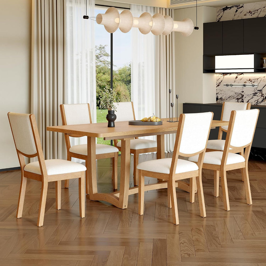 Merax 60"-78" Expandable Dining Table Set for 6, Large 7-Piece Solid Wood Rectangular Kitchen Table Set with Removable Leaf and 6 Upholstered Chairs, Space Saving Kitchen Furniture, Natural