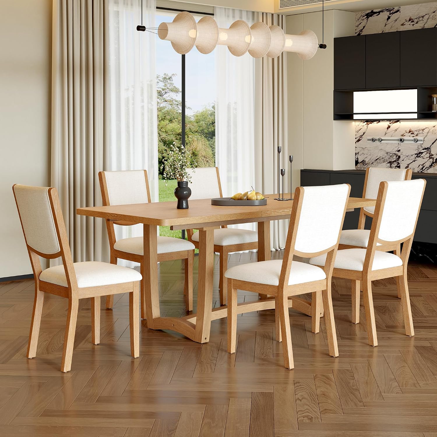 Merax 60"-78" Expandable Dining Table Set for 6, Large 7-Piece Solid Wood Rectangular Kitchen Table Set with Removable Leaf and 6 Upholstered Chairs, Space Saving Kitchen Furniture, Natural