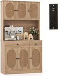 GOFLAME Kitchen Pantry Cabinet with Charging Station, 71" Tall Freestanding Kitchen Buffet with Hutch, Drawers and PE Rattan Doors, Boho Sideboard Buffet Cabinet, Natural