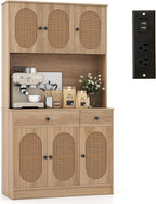 GOFLAME Kitchen Pantry Cabinet with Charging Station, 71" Tall Freestanding Kitchen Buffet with Hutch, Drawers and PE Rattan Doors, Boho Sideboard Buffet Cabinet, Natural