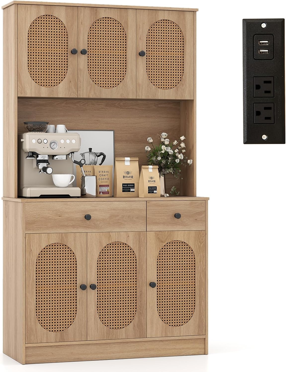 GOFLAME Kitchen Pantry Cabinet with Charging Station, 71" Tall Freestanding Kitchen Buffet with Hutch, Drawers and PE Rattan Doors, Boho Sideboard Buffet Cabinet, Natural