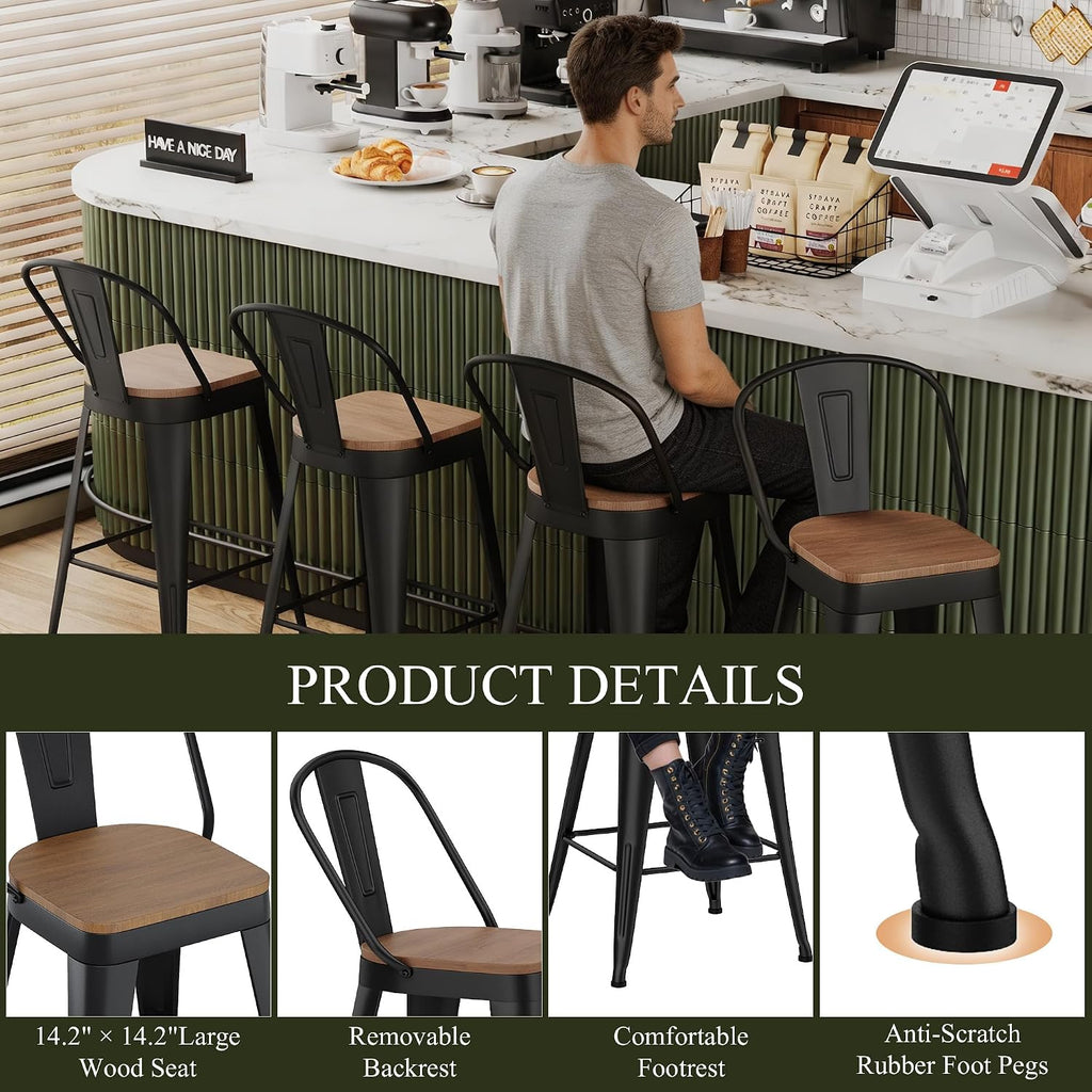 Aklaus Metal Bar Stools Set of 4,30 inch Barstools Bar Height Bar Stool with Backs Farmhouse Bar Stools with Large Seat High Back Kitchen Dining Chairs Modern Bar Chairs Matte Black Stools