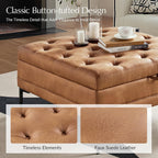 HULALA HOME Tufted Faux Leather Coffee Table, Camel | 36.5" Square Storage Ottoman with Metal Legs, Large Upholstered Ottoman for Couch and Living Room