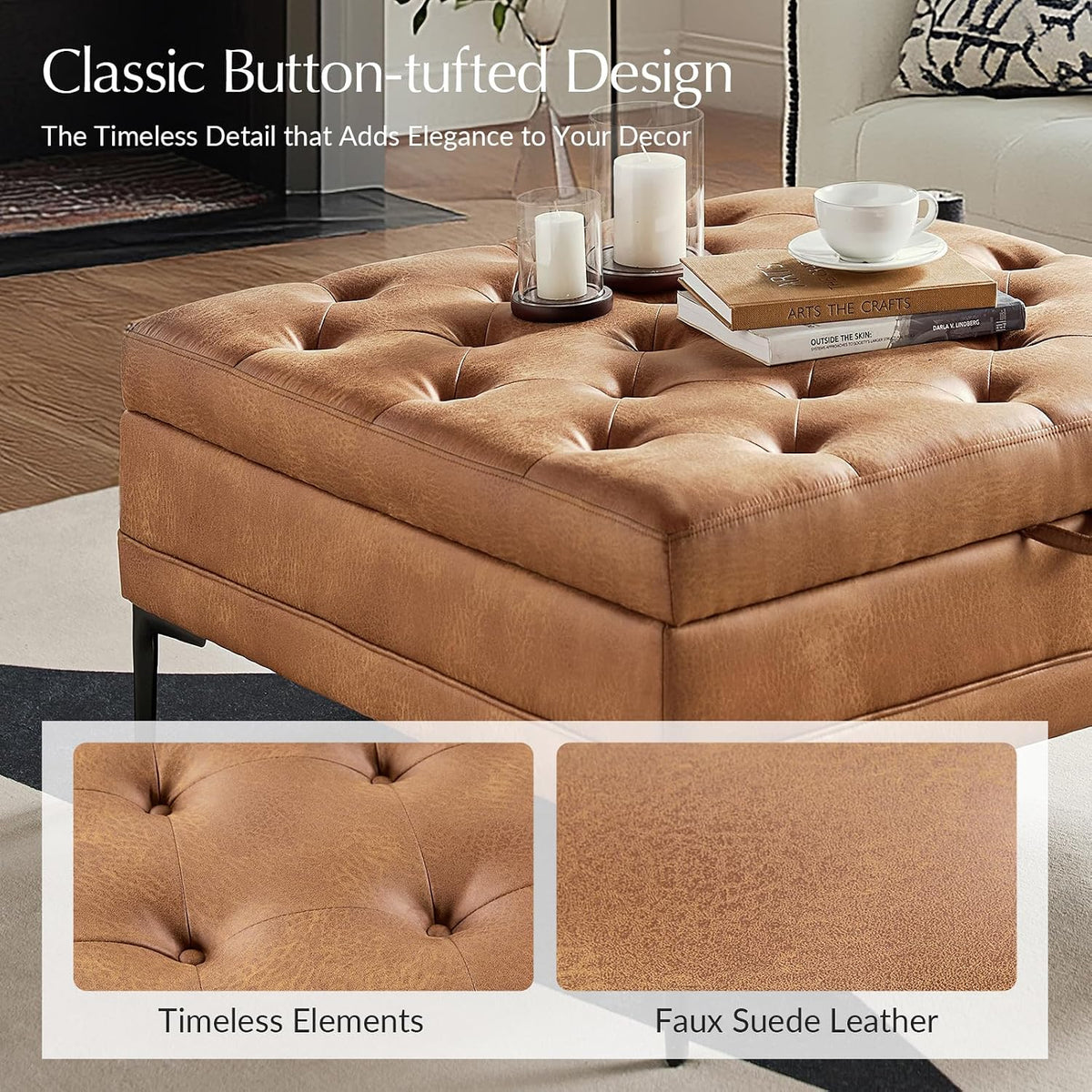 HULALA HOME Tufted Faux Leather Coffee Table, Camel | 36.5" Square Storage Ottoman with Metal Legs, Large Upholstered Ottoman for Couch and Living Room